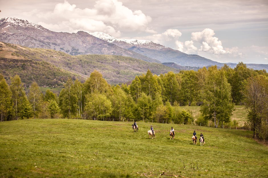 Horseback riders trekking through Chiusella Valley, Italy with stunning mountain backdrop.